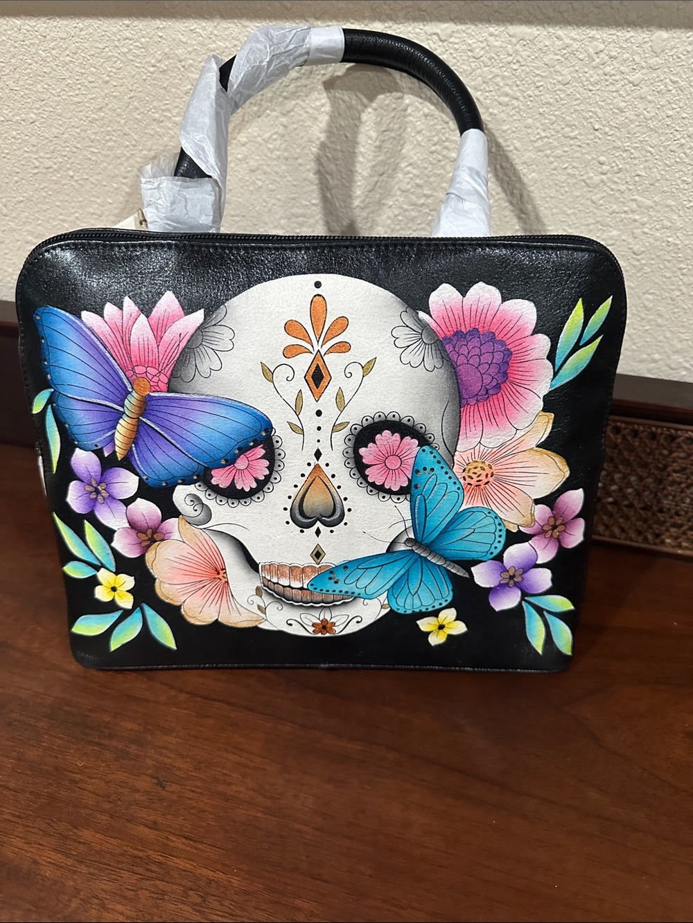 Anuschka Black Hand-Painted Leather Tote with Colorful Butterfly & Floral Design - Picture 5 of 7